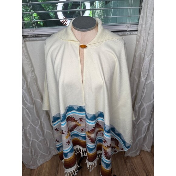 Vtg Ecuadorian Wool Cape Poncho wrap Southwest Aztec Fringe Hem festival Os htf - Picture 1 of 9